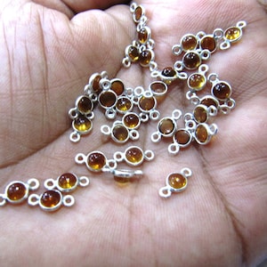 925 Sterling Silver Natural Citrine Gemstone Round Cabochon 5mm Briolette Bezel Connector Double Loop Charms Sold Per Piece