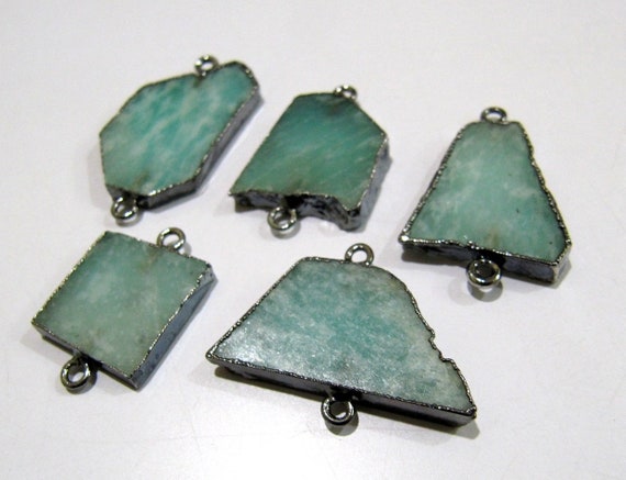 2 Piece- Natural Amazonite Slice Connector Free Form Double Loop charm 1 inch approximately Top Quality  Electroplated Jewelry making bezel