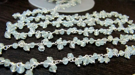Natural Aquamarine Rondelle Faceted Cluster Rosary Chain Size 3-4mm Wire Wrap Dangling Beaded Chain Sold Per Foot Wholesale Prices