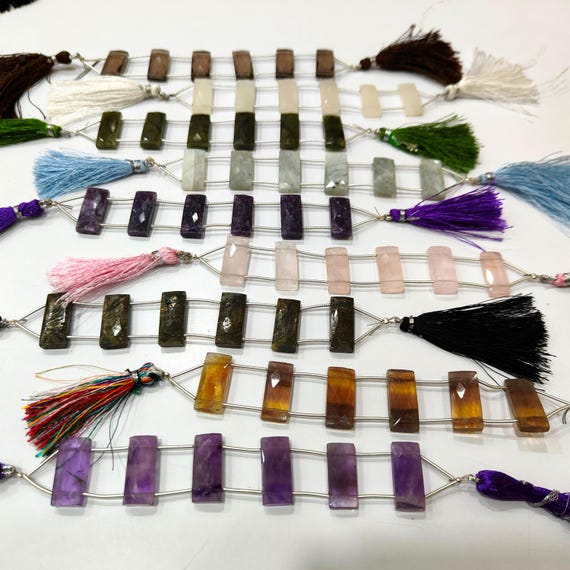 Natural Multi Gemstone Cushion Baguette Shape Briolette Faceted 10X22mm Double Drilled Beads Sold as a Strand of 6 Rectangle Beads