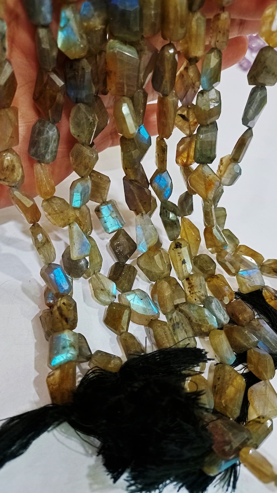 Natural Labradorite Blue Flashy Briolette Laser Cut  Faceted  Nugget Shape 10 to 15mm Tumbled Beads Sold Per Strand 8 Inches Long
