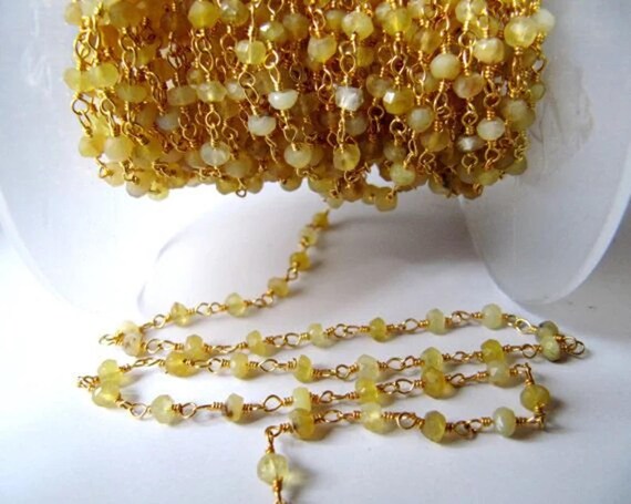 Natural Yellow Opal Rondelle Faceted Beaded Wire Wrapped Rosary Aati Chain 3mm Size Yellow Bead Chain Wholesale Prices gemstone chain