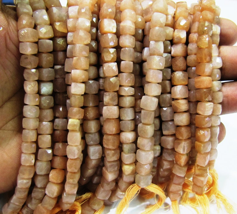 ON SALE Top Quality Moonstone 3D Box beads,Peach color Moonstone Faceted Cube Beads 6 to 7mm size,Superfine Cut and Polished Beads String 8i