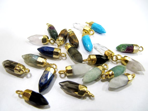 Natural Gemstones Tiny Bullet Charm Pointer Pendant  Single Loop Connector 24k Gold Electroplated  0.5 inch long Sold Per Piece Pencil Charm