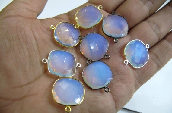 White Opalite Quartz Briolette Faceted Size 19mm Cushion Square Shape Double Loop Bezel Connector Choose the Plating color Sold Per Piece