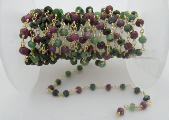 Natural Ruby Zoisite Rondelle Faceted Size 3-4mm wire wrapped Beaded Rosary Chain Wholesale Prices Gemstone Handmade chain sold per foot
