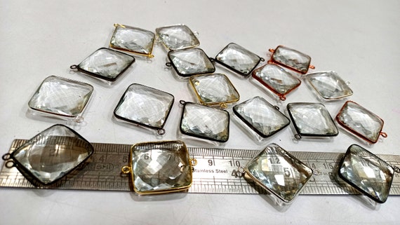 Natural Rock Crystal Quartz Square Cushion Shape Briolette 25 mm Bezel Connector Charm Sold per Piece