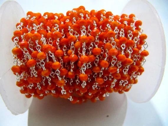 3 Ft - Orange Chalcedony  Hydro Quartz Beaded Rosary Chain Rondelle Faceted Rosary Bead 3mm Chain Wholesale Prices Jewelry Making Chain