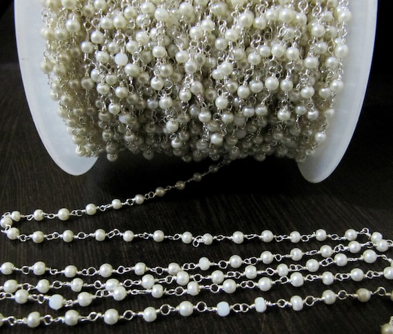 3 Feet- Pearl Beaded 3mm Size Round Shape Faux Pearl Bead Rosary Chain Wholesale Prices Jewelry making gemstone chain