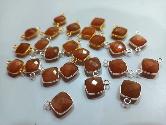 Natural Peach Moonstone Cushion Shape 10mm Briolette connector  Bezel Charms Sold Per piece Choose the Loop Pattern