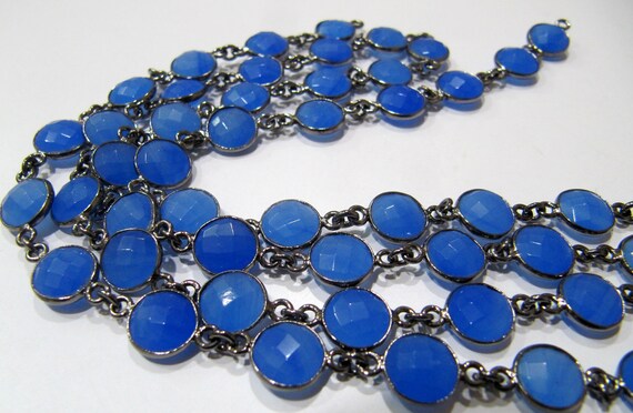 Blue Chalcedony Round Coin Shape 9mm Size Briolette Faceted Bezel Connector Chain Sold Per Foot Wholesale Price Jewelry Making Chain