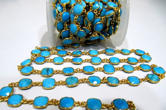 Natural Turquoise Magnesite Briolette Faceted Cushion shape 9mm size Bezel Connector Chain Wholesale Prices Handmade Jewelry chain per foot