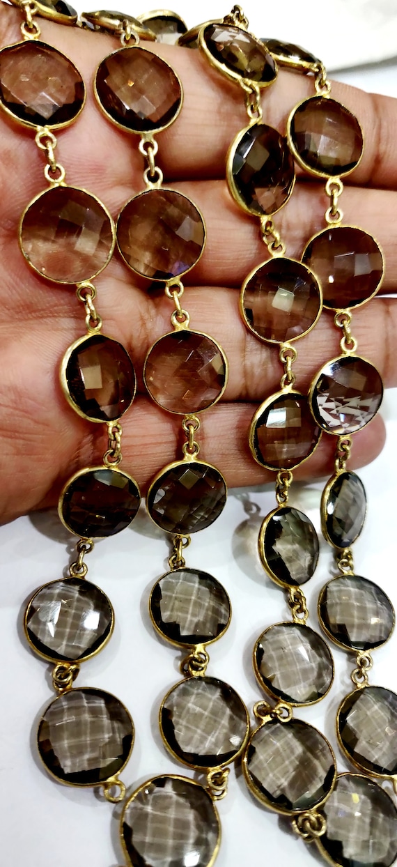 Natural Smoky Quartz  Briolette Faceted Round Coin Shape 14mm to 15mm Bezel Connector Link Chain Sold Per Foot Jewelry making Handmade chain