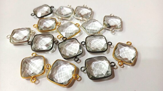 Natural Rock Crystal Square Cushion Shape Briolette 15mm Double Loop  Bezel Connector Charm Sold per Piece Great Quality Connector Charms