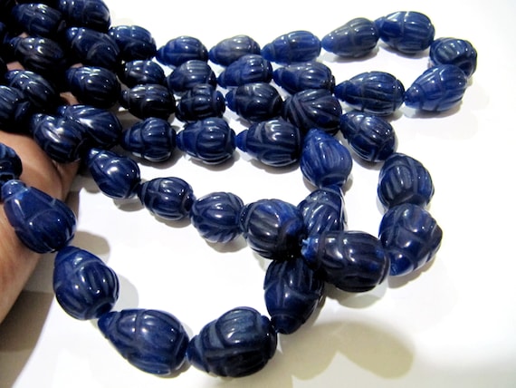 Sold Per 6 Loose Beads Best Quality Dyed Blue Sapphire Hand Carved Designer Size 10x14mm to 14x20mm Tear Drop Straight Drilled Beads