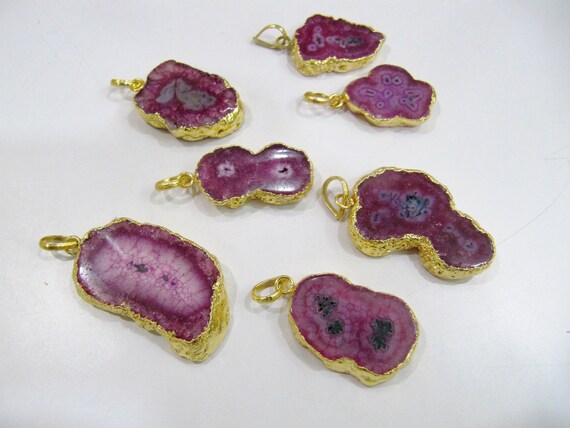 Natural Dark Pink Solar Quartz Stalactite Connectors Pendants size 30 to 50 mm, 24 Kt Gold Electroplated Druzy Slices Free Shape Pendant