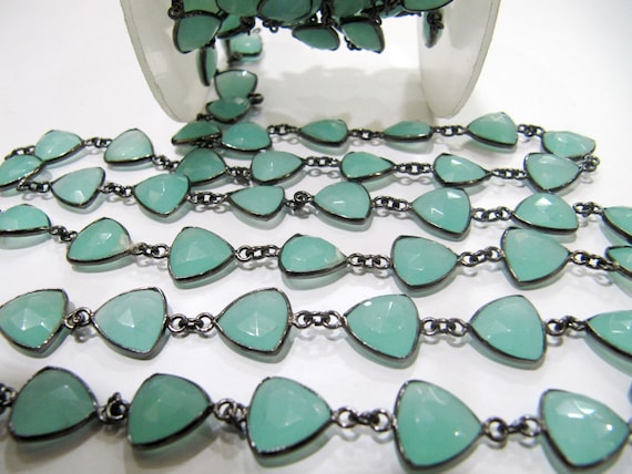 Natural Aqua Chalcedony Trillion Triangle Shape Briolette Faceted Bezel Connector chain 11mm Gold/Silver/Black/Rosegold Plated Chain