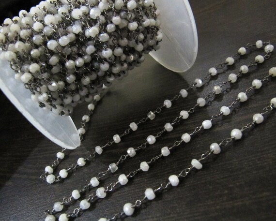 Mystic White Chalcedony Rondelle Faceted Beaded Chain 3mm Size White Hydro Quartz Bead Rosary Chain  Choose the plating Sold per foot