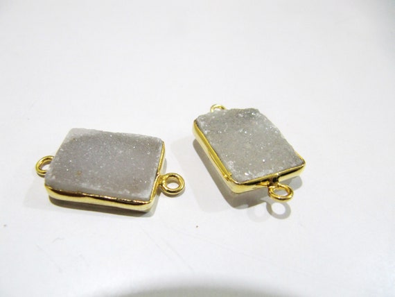 Natural White Druzy Rectangle Shape Connector Bezel Gold Plated Size 13x17mm  , Gemstone Connector  Double Loop Bezel Wholesale Prices
