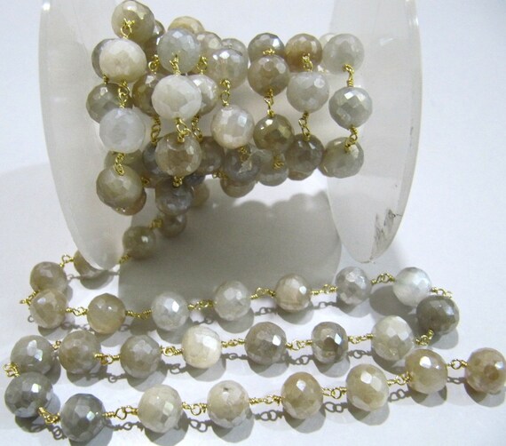 Natural Multi Moonstone Silverite AB Coated Round Briolette Faceted 6 to 9mm  Beaded Rosary Chain High Quality Wholesale Price Sold per foot