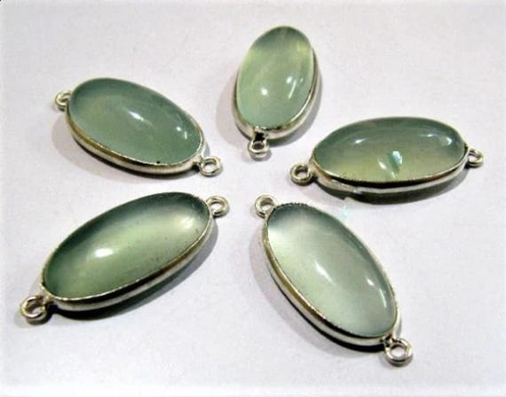 2 Pcs Set Aqua Chalcedony Oval Shape 12x20mm Briolette Connectors Aqua Hydro Quartz Stone Double  Loop Bezel Jewelry Making Bezel Connectors