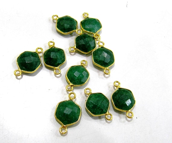 5 Pcs Set Dyed Emerald Hexagon Shape 10mm Briolette Connectors Plated Double Loop Emerald  Bezel Jewelry Making Bezel Connectors