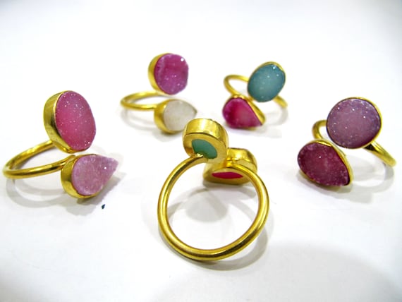 Multi Color Druzy Rings Double Stone Design Size 10-20mm Adjustable Size Free Size 24 Kt Gold Plated, Mix Color and Shape, YOU CHOOSE