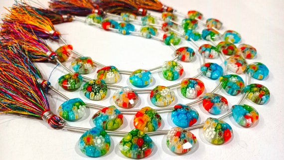 Crystal Quartz Flower Design Multi Color Heart Shape 14mm Briolette Beads sold per Strand 8 Inches Long