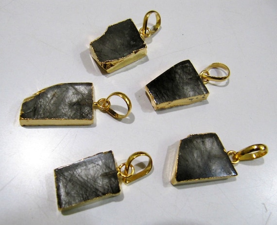 2 Pcs Set-Natural Black Rutilated Quartz Slice Pendant Free Form Charm With 24K Gold Electroplated Edge Single Loop 1 inch  long