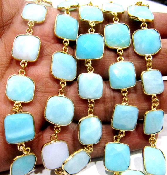 Natural Peruvian Blue Opal Cushion Shape Size 9 to13mm Briolette Faceted Bezel Connector Chain Sold Per Foot High Quality Wholesale Prices