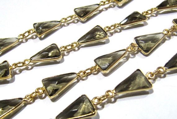 Natural Smoky Quartz Trillion Shape Briolette Faceted Bezel Connector Chain 10x13mm Gold Plated Sold Per Foot High Quality jewelry making
