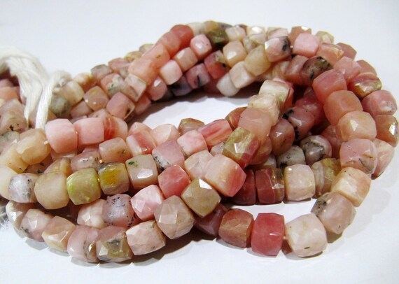 High Quality Genuine Pink Opal Cube Shape Beads / Faceted 3D Box Beads / Strand 8 inch long / 7 to 8mm Size Beads  Very Good Quality Beads