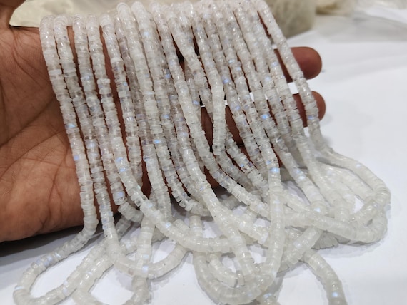 Natural White Rainbow Moonstone Tyre Shape Beads 3 to 5mm Strand 13 inches long High Quality Blue Flashy Beads Wholesale Prices