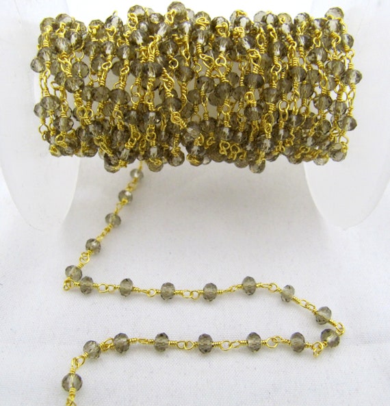 3 Feet- Smoky Quartz Rondelle Faceted  Size 3mm Beaded Wire Wrapped Rosary Chain Wholesale Prices Choose the Plating Color