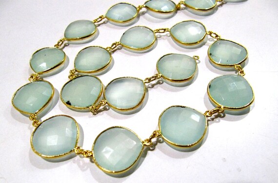Natural Aqua Chalcedony Heart Shape Briolette Faceted Bezel Connector Chain 10 to 13mm gems chain sold per foot