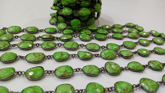 Natural Green Copper Turquoise Gemstone Briolette Free Shape 12 to 15mm Bezel Connector Chain Sold per Foot Great Quality Chain