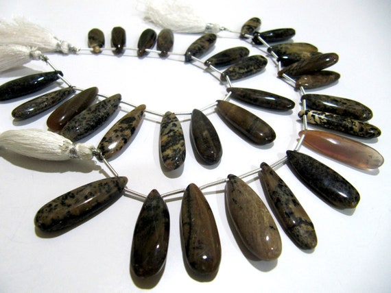 Natural Brown Dendritic Opal Pear Shape Plain Smooth Briolette beads 9x30mm To 10x35mm Graduated Jewelry Making Strand 8 Inches Long