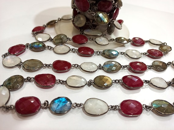 Natural Multi Gemstone Ruby Labradorite Rainbow Moonstone Briolette 12 to 16mm Bezel Connector Chain Sold per foot wholesale Rate