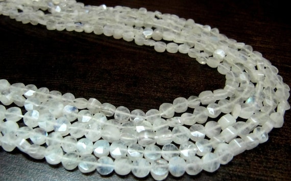 Natural White Rainbow Moonstone Coin shape Briolette Faceted Beads 5-6mm Strand 14 inch long High Quality Blue Flashy Beads Wholesale Prices