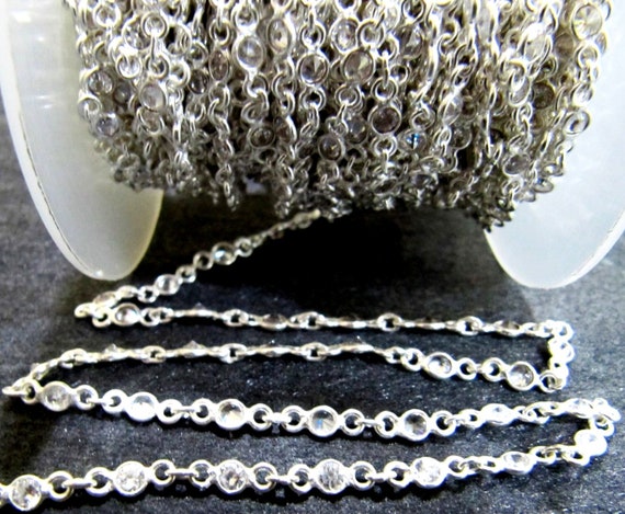 92.5% Sterling Silver White Round Cubic Zirconia 3mm bezel Connector Chain Sold Per Feet Top Quality Wholesale Price Jewelry making chain