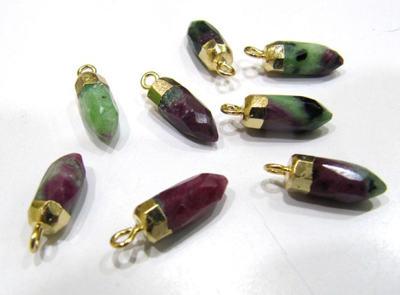 2 piece Natural Ruby Zoisite Tiny Bullet Charm Pointer Pendant  Single Loop Connector Charm  Gold Electroplated approximately 0.5 inch long