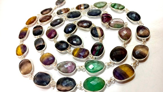 Natural Fluorite Gemstone Briolette Free Shape 10 to 15mm bezel Connector Chain Sold Per Foot Multi Fluorite Gemstone Chain