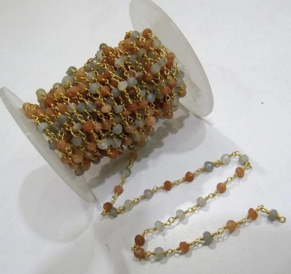 Multi Color Moonstone Rondelle Faceted  3-4mm Beaded Rosary Wire Wrapped Aati Chain Wholesale Prices gemstone Handmade chain sold per Foot