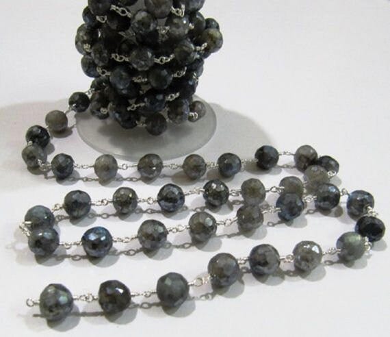 Natural Labradorite Mystic Coated Faceted Round Beads Chain Wire Wrapped 8mm Rosary Chain-Sold per Foot Wholesale Price Jewelry Making chain