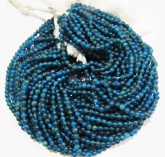 Natural Genuine Neon Apatite Round Plain Smooth 4-5mm Beads, Blue Color Beads For Jewelry Making Strand 13 Inches Long Sold Per Strand