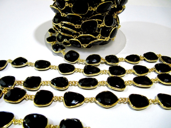 Natural Black Onyx Free Shape Briolette Faceted Uneven Bezel Connector Chain 10 to 15mm Sold Per Foot High Quality  Wholesale price