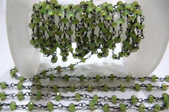 1 Foot-: Mystic Green Chalcedony Rondelle Faceted 3-4mm Size Beaded Hydro Quartz Wire Wrapped Rosary Chain Wholesale Prices