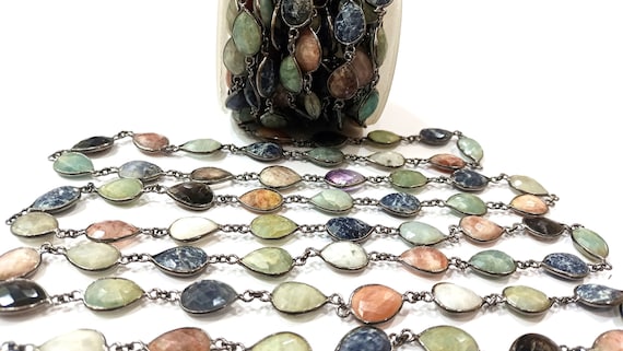 Natural Multi Gemstone Pear Shape  Briolette 10 to 15mm Bezel Connector Chain Sold Per Foot Great Quality Black Plated Chain