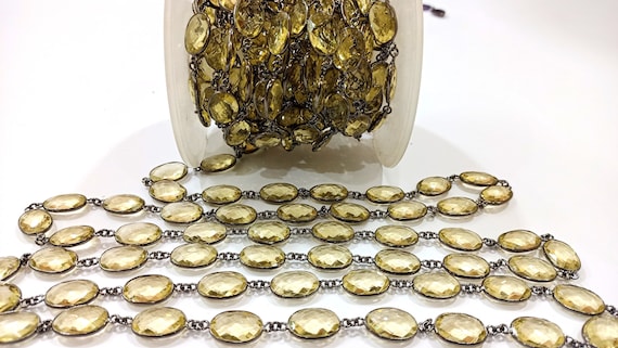 Lemon Quartz Oval Shape Briolette 12 x 20mm Bezel Connector Chain Sold Per Foot Great Quality Black Plating Chain.