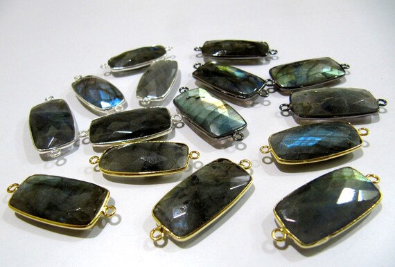 2 Pcs Set Natural Labradorite Rectangle Shape 13x25mm Briolette Connectors Blue Flashy Gemstone Double Loop Bezel Charms